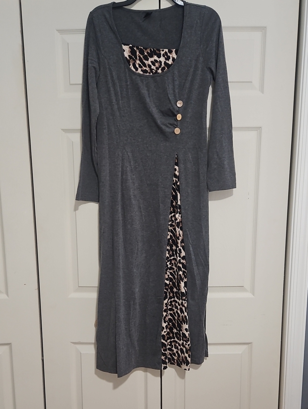 Emory Rose Gray Long Sleeve Dress with Leopard Accent